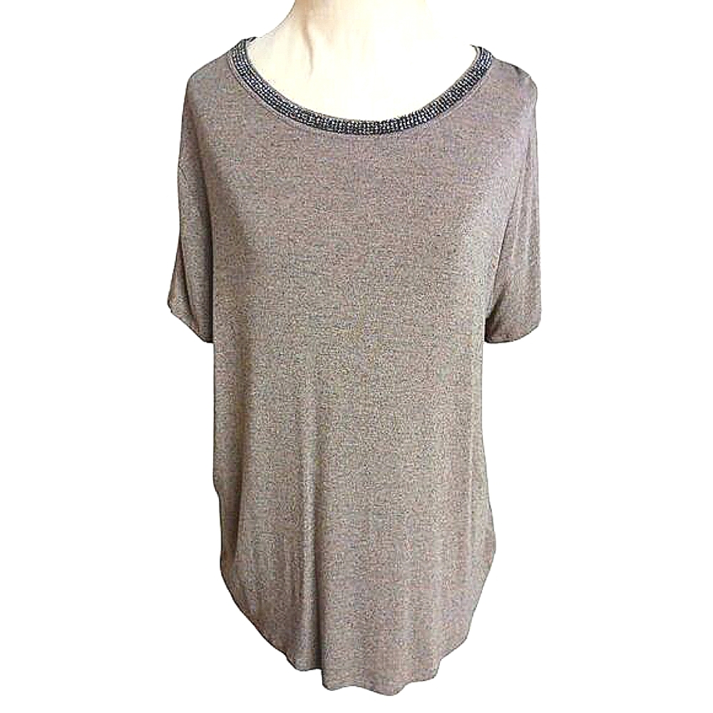 VNT Beaded Neck Top Sz XL Brown Short Sleeve Office Workwear Modest Classy Glam - Picture 1 of 13